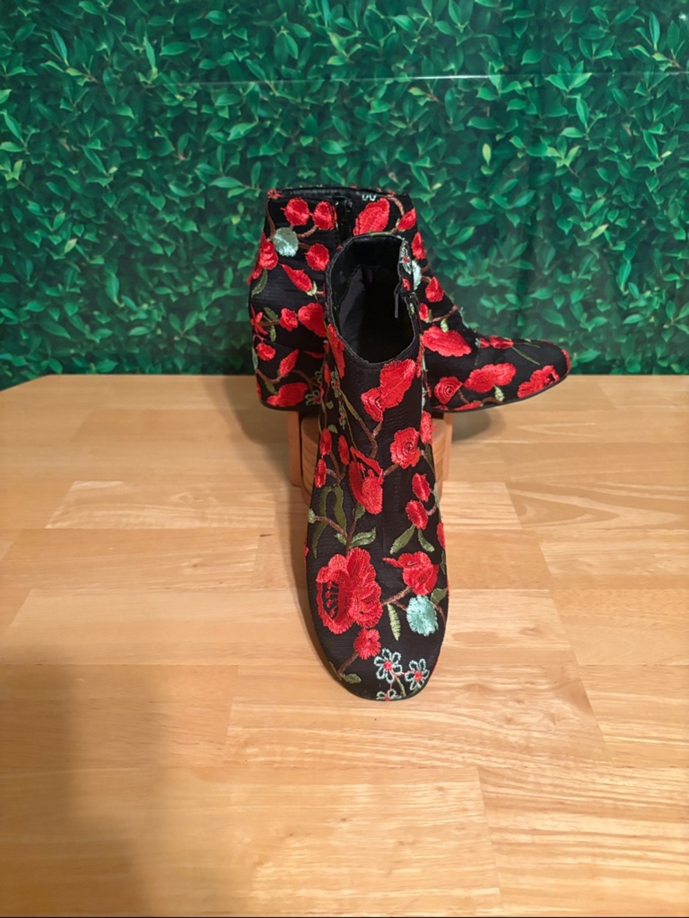 Qupid Black Ankle Boots with Red Floral Embroidery
